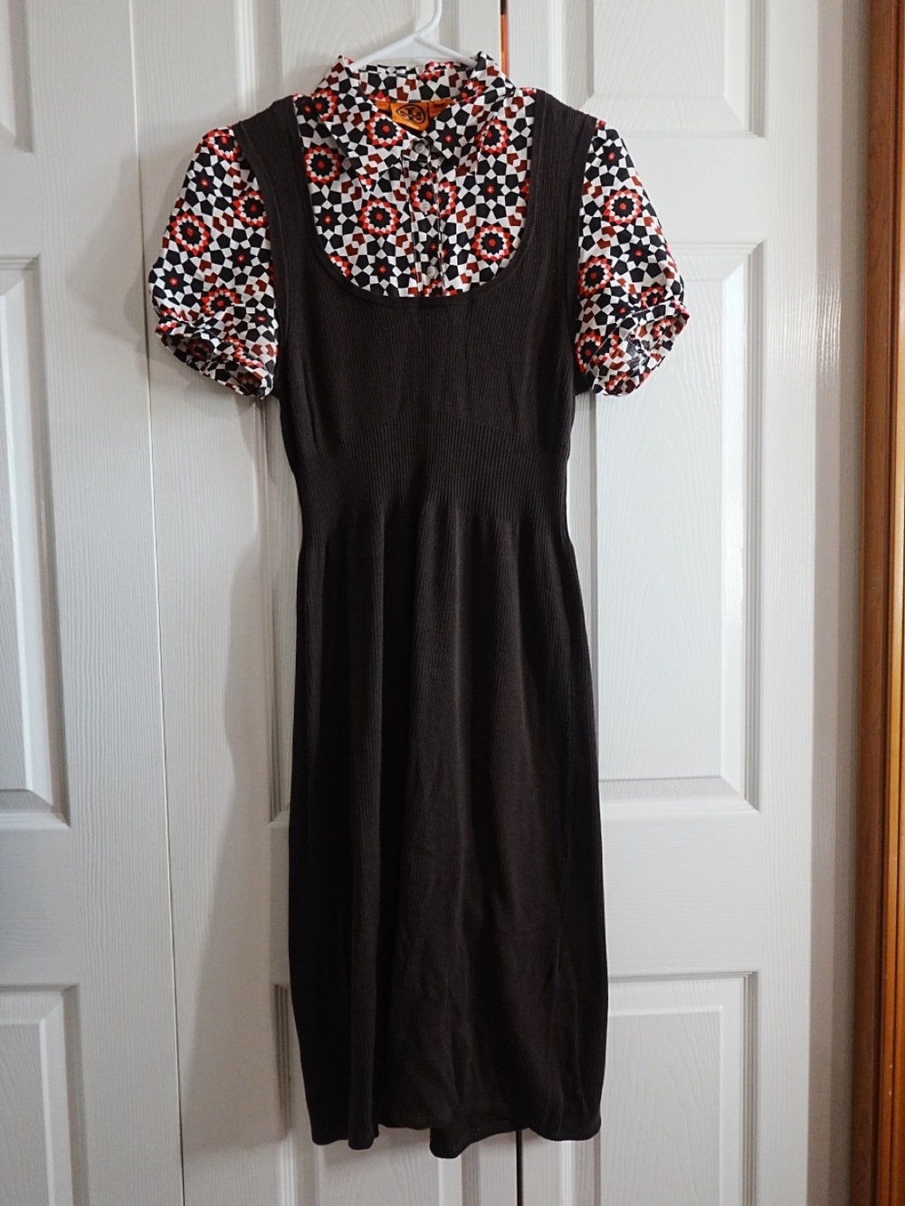 Tory Burch Black White Red Brown Geometric Print Blouse Dress